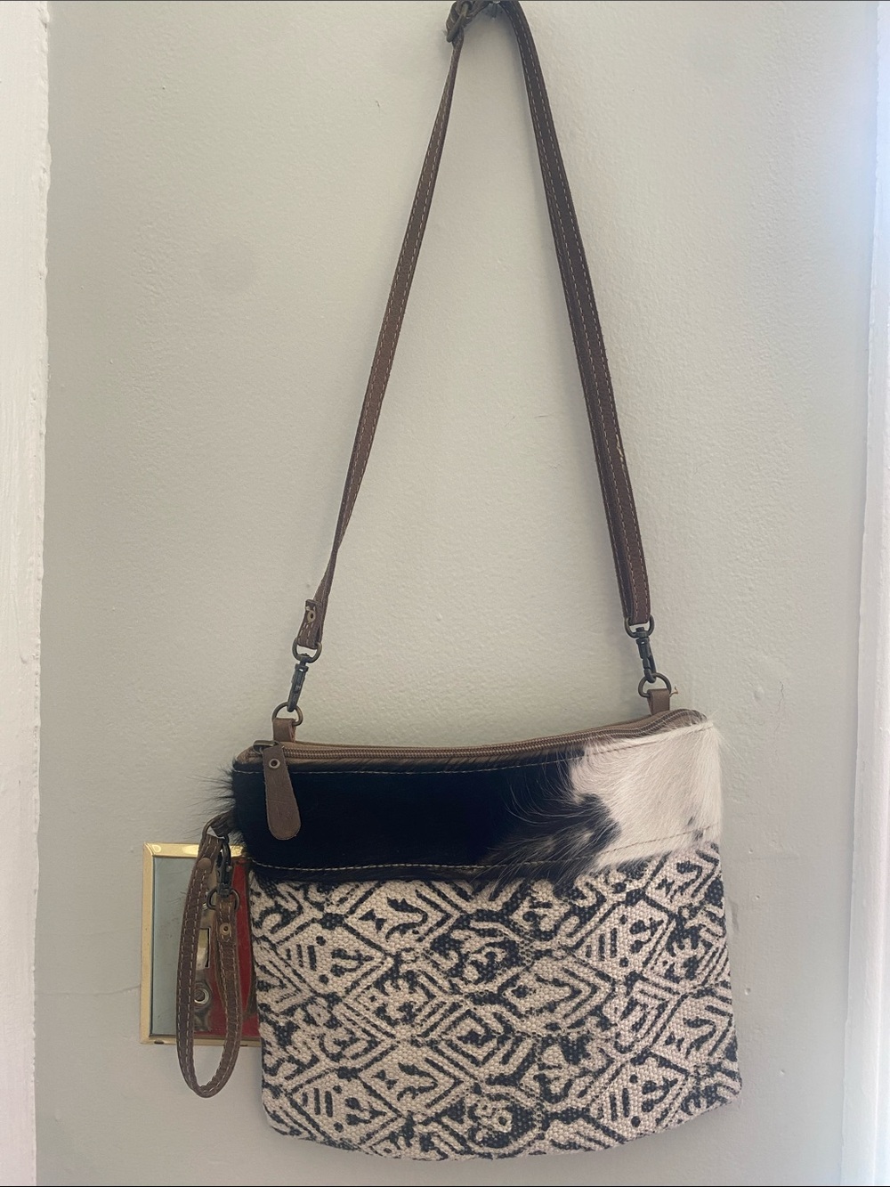 MYRA Boho Patterned Crossbody Bag with Brown Leather Strap